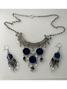Archival Afghan Kuchi Lapis Blue Bib Set - Hand-Forged 17" Choker & Drop Earring